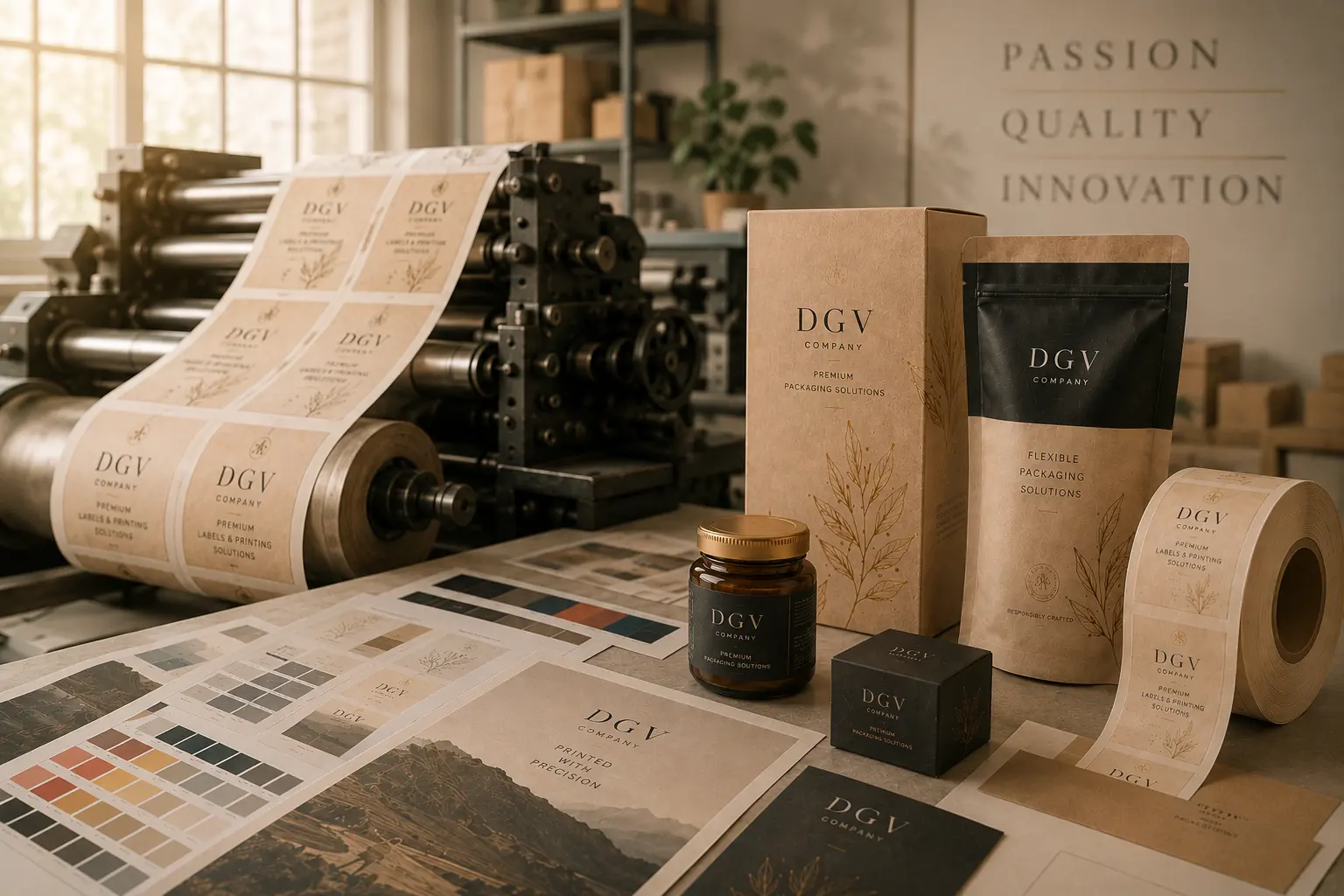 DGV Company printing press with branded packaging — precision packaging and printing solutions Mumbai